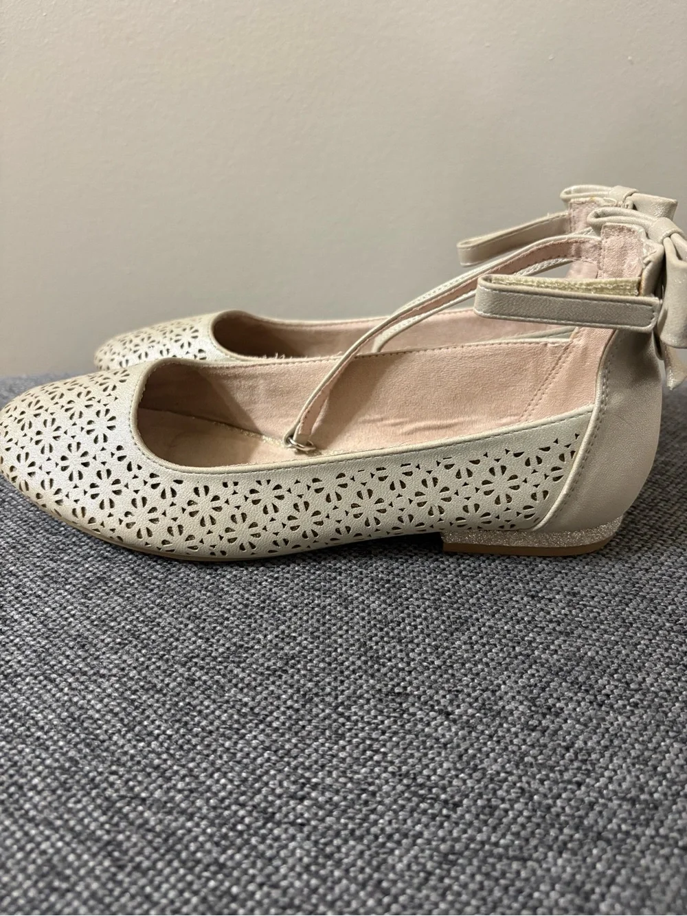 Self Esteem Cream Laser-Cut Ankle Strap Flats for Girls